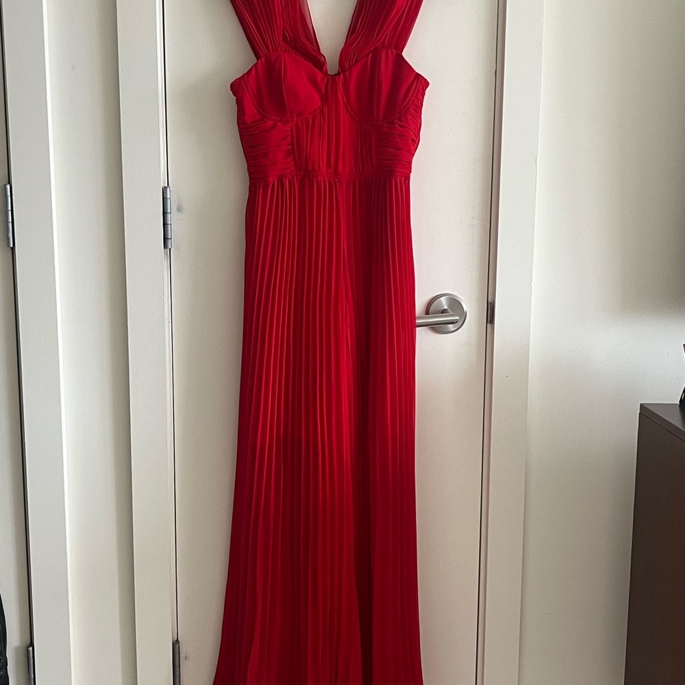 Self-Portrait Plunging Neckline Red Chiffon Jumpsuit